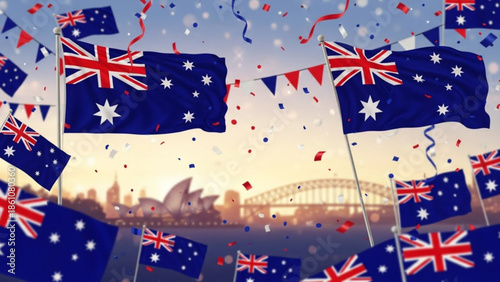 Australian flags waving in the wind with sydney opera house in the background, australia day celebration, patriotic illustration, blue sky with confetti