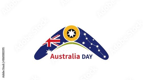 Australia day celebration boomerang with australian flag and southern cross constellation stars, patriotic national holiday symbol