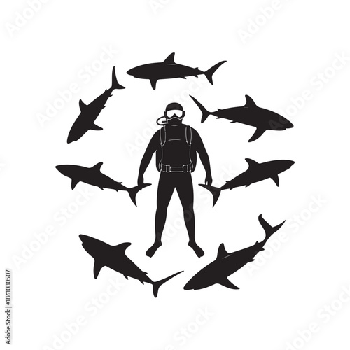 Diver swimming with sharks vector Silhouette art black color design and solid white background (1).eps