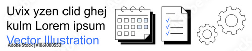Task management, project organization, workflow automation, productivity, scheduling, planning. Calendar, checklist and gear icons arranged in a clean layout. Task management and workflow automation