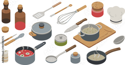 Isometric kitchen cooking tools and cookware illustration set with pots, pans, utensils, ingredients, and chef accessories for culinary design