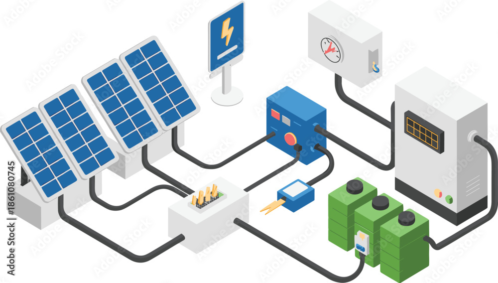 Obraz premium Isometric solar energy system illustration showing solar panels, batteries, inverter, controller, and power distribution for renewable energy concept design