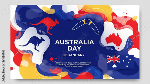 Australia day banner with kangaroo, boomerang, and australian flag on colorful abstract background, january 26 celebration