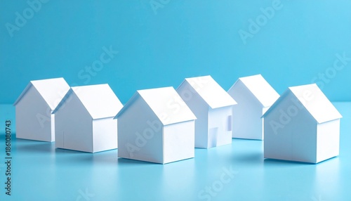 Row of pristine white paper house models symbolizing real estate investment, homeownership, and the search for ideal community living