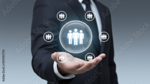 A business hand holding a glowing orb with team icons, representing leadership, community, and sponsorship network