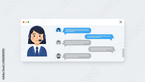 Customer service representative in a chat window with speech bubbles on a computer screen, illustrating online support and communication