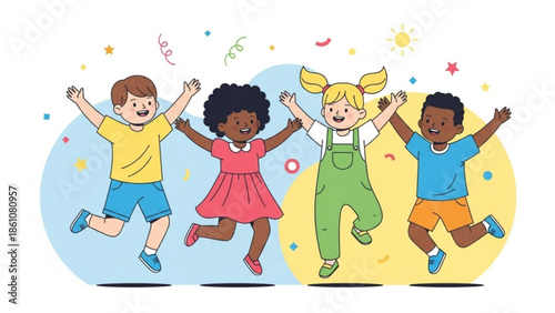 Four happy diverse children jumping together in playful cartoon illustration with colorful background and confetti