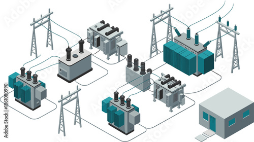 Isometric power substation and electrical grid illustration showing transformers, transmission towers, and energy distribution infrastructure for utility and industry design