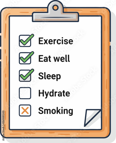 A healthy lifestyle checklist on a wooden clipboard featuring checked habits like exercise and sleep, an unchecked hydration box, and a crossed-out smoking entry.