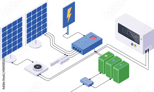 Isometric solar energy system illustration showing solar panels, batteries, inverter, controller, and power distribution for renewable energy concept design