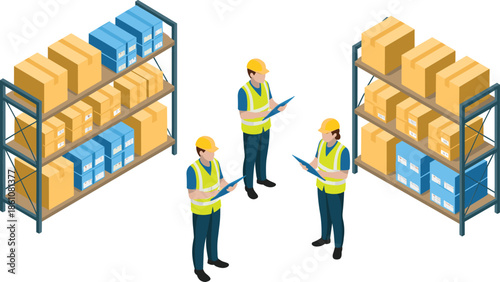 Isometric warehouse management illustration with workers checking inventory, shelves full of boxes, logistics storage, supply chain, and distribution center operations