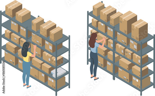 Isometric warehouse storage illustration with workers organizing cardboard boxes on shelves, inventory management, logistics operations, supply chain stock control concept