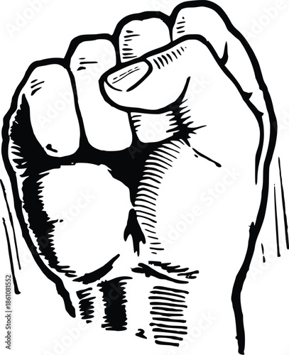 Fist gesture symbol for protest, power, and solidarity, black and white vector icon