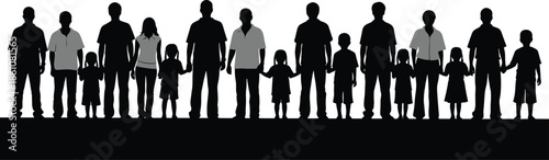People silhouettes standing together holding hands, diverse adults and children community line, unity and social connection concept isolated on white background