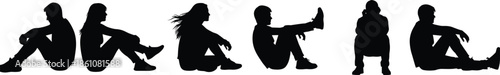 People Sitting on Ground in Different Relaxed Poses, Black Silhouette Illustration Set Showing Rest, Waiting, Casual Lifestyle Moments
