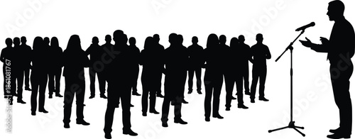 Public speaker addressing audience with microphone silhouette group of people listening to speech isolated on white background