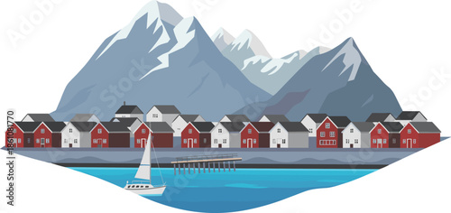 Minimalist Nordic coastal village illustration with red houses, blue fjord water, sailboat, and snowy mountains, Scandinavian landscape vector design