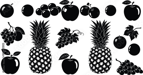 Set of Black Fruit Silhouettes Including Apples Pineapples and Grapes Representing Healthy Eating Organic Produce Agriculture and Fresh Food Market Concepts