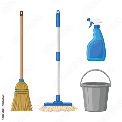 Cartoon illustration of cleaning supplies including a broom, mop, spray bottle, and bucket on a white background with a cute and colorful composition.