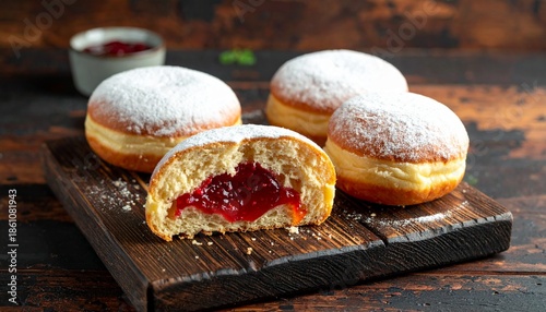 Sweet powdered donuts with red jam filling served on a wooden board, a delightful dessert