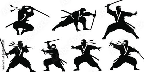 Set of black silhouettes of Japanese ninja warriors in various dynamic martial arts fighting poses holding katana swords.