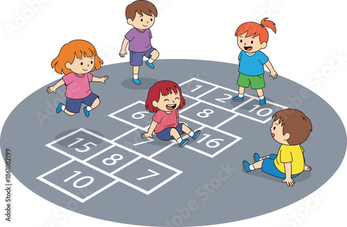 Happy children playing hopscotch with numbers, fun outdoor activity illustration for kids physical education and school games