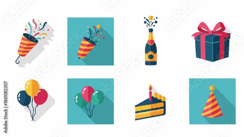 Collection of birthday party celebration icons and elements.