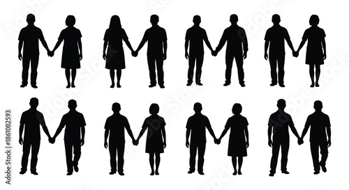 A collection of diverse human figures holding hands representing unity and connection silhouette