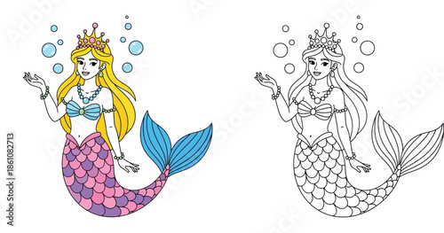 Cute mermaid princess vector illustration for coloring book page. Beautiful underwater fantasy character with crown and tail. Isolated black and white outline and colored example for kids.