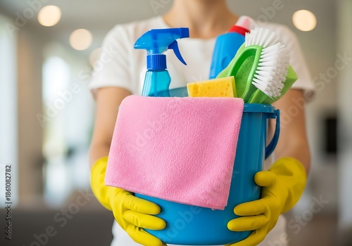 Person holding blue bucket with cleaning supplies and pink cloth