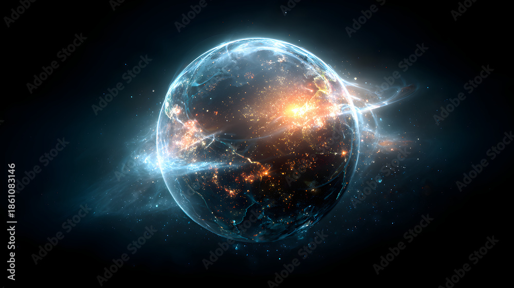 Obraz premium Glowing abstract planet made of light and energy with vibrant blue and orange hues