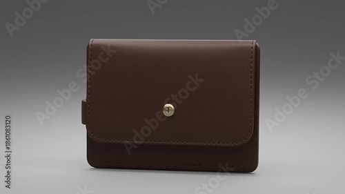 Elegant brown wallet displayed on a smooth gray surface, showcasing its stylish design and clasp