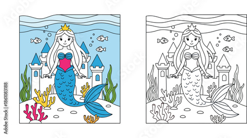 Cute cartoon mermaid swimming underwater coloring book page. Vector illustration of beautiful girl with fish and starfish. Color and outline design for kids activity or worksheet.