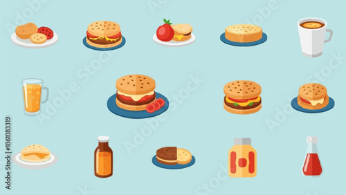 Collection of delicious fast food and drink icons.