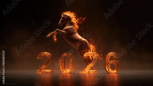 好的，根据图片内容，我将为您生成一个符合要求的图库售图标题。

Fiery Horse Symbolizing Business and Career Development for 2026, Dynamic New Year Vision with Fiery Numbers and Rearing Stallion