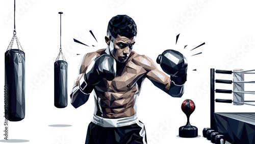 Polygonal boxing champion in action with punching bag and ring elements