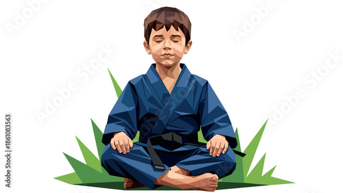 Young boy meditating in martial arts attire amid nature