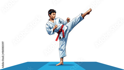 Low poly martial artist kicking in karate uniform with red belt on blue mat
