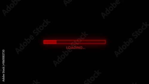 A digital red neon loading bar with the text LOADING.. displayed below against a completely black background signifying a waiting Generate title without using the word 