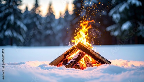 Vibrant Campfire Flames Dancing in a Pristine Snowy Landscape, Offering a Cozy Warmth and Bright Glow Amidst the Cold Winter Forest