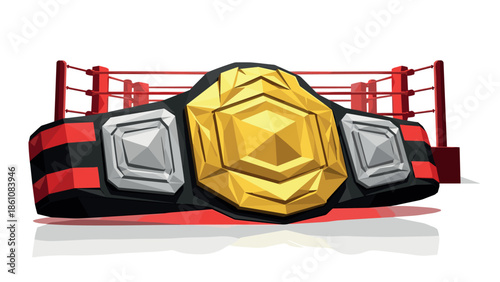 Polygonal championship belt on vibrant wrestling ring background