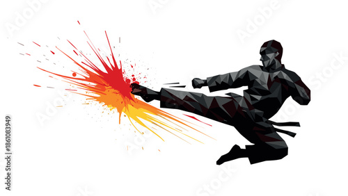 Dynamic low poly martial artist performing powerful kick with colorful burst