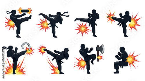 Dynamic martial arts silhouettes with explosive effects for energetic design projects