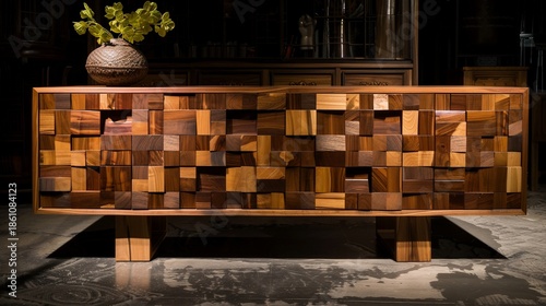 Wooden credenza with a tiled facade and decorative vase on top, inside an antique room