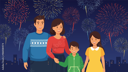Family celebrating New Year's Eve with fireworks in the background, vector illustration on a dark cityscape