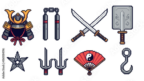 Retro pixel martial arts icon set featuring traditional japanese weapons and armor