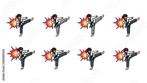 Martial artist kicking sequence with dynamic explosion effects