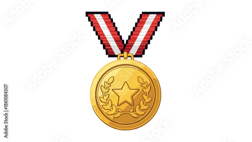 Golden medal with red and white ribbon featuring star and laurel design