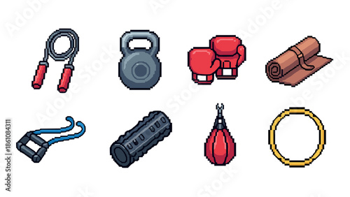 Pixel art fitness equipment set featuring boxing and yoga accessories for digital art