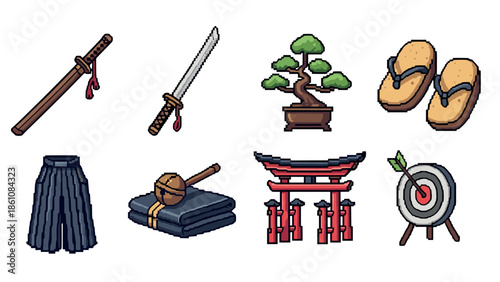 Pixel art icons: japanese culture elements with samurai sword and bonsai